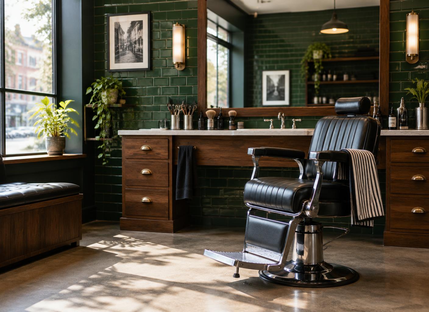 Independent barbershop with a leather chair and green tiled walls