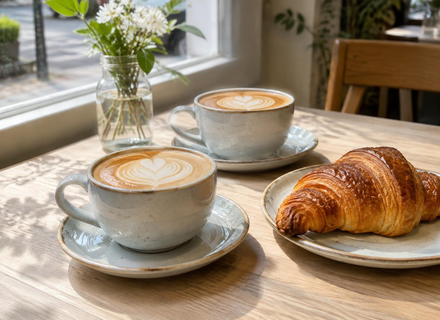 Flat white coffees and a croissant on a sunlit café table