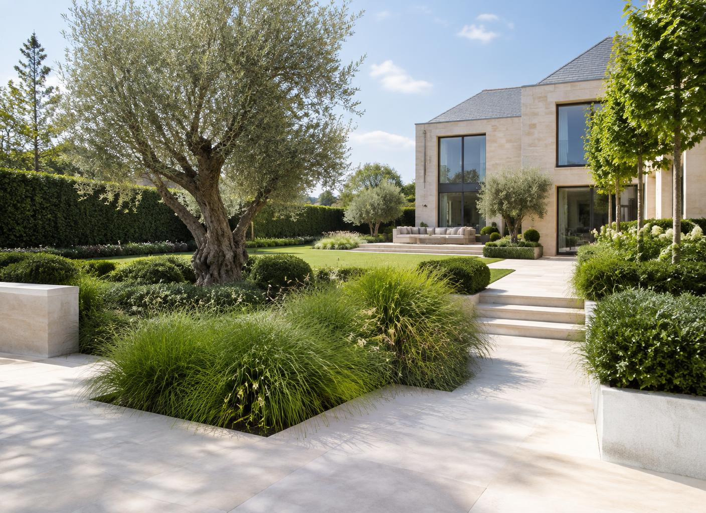 Landscaped garden with stone paving, clipped hedges and an olive tree